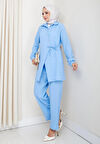 Kadın Kuşaklı Düğmeli Çilek Kumaş Mavi İkili Takım