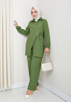 Kadın Kuşaklı Düğmeli Çilek Kumaş Yeşil İkili Takım