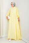 Kadın Düğmeli Kat Detaylı Sarı Keten Elbise