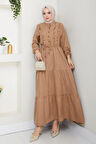 Kadın Fırfır Detaylı Düğmeli Bej Keten Elbise