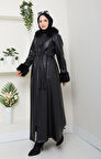 Kadın Kürk Detaylı Uzun Astarlı Siyah Kap 