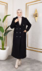 Kadın Astarlı Düğmeli Cepli Uzun Siyah Kaşe Kaban
