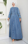 Kadın Belden Lastikli Cep Detaylı Kot Mavi Elbise