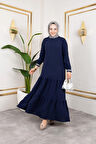 Kadın Kat Kat Ribanalı Lacivert Tesettür Elbise
