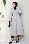 Kadın Düğmeli Kuşaklı Gri Trençkot