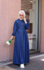 Düğmeli Uzun Kot Tesettür Elbise Koyu Mavi