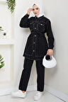 Kadın İnci Detaylı Kemerli Siyah Kot Takım