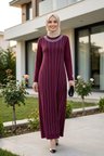 Kadın Taş İşlemeli Kristal Kumaş  Uzun Tesettür Bordo Elbise
