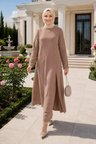 Kadın İnci İşlemeli Bej Tunik-Pantolon İkili Takım 