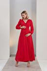 IŞŞIL O7053-Kruvaze Şifon Kuşak Baby Shower Maxi Hamile Elbise