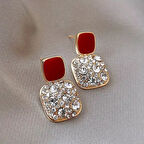 Kare Şekilli Tam Parlak Taş Süslemeli Küpe Lüks Zarif Stil Alaşım Takı Banket Parti Kulak Süsleri