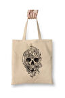 Skull Flame Beyaz Bez Çanta Uzun Saplı Alışveriş Çantası Plaj Çantası