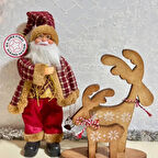 Uretti - Funda 1603 - El Yapımı Noel Baba Biblo ve Ahşap  Geyikli Peçetelik 2'li Dekoratif Set