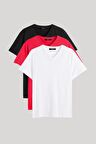 METALIC Erkek Çok Renkli T- Shirt Regular Fit Rahat Kesim V Yaka 3'lü Basic Tişört Paketi