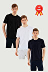 Erkek 3'lü Bisiklet Yaka T-shirt %100 Pamuk Nakış Detaylı Basic Siyah-Beyaz-Lacivert Tişört