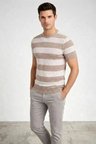Erkek T-shirt Çizgili Triko Dokuma Bisiklet Yaka Tişört - Bej