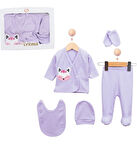 %100 Pamuklu Kedicikli Kız Bebek Zıbın Seti 3 Ay