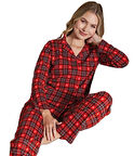 Kadın Önden Düğmeli Uzun Kollu Kışlık Ekose Pijama Takımı Chiara Bellini Rahat Ev Giyim Hediyelik