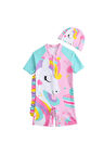 Unicorn Şeker Pembe Mint Kollu Pembe Upf50+ Kısa Kollu Şapkalı Kız Çocuk Mayo Set