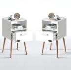 Kenzlife komodin budurgan byz 2 li set 74*39*39 ahşap ayaklı raflı çekmeceli komidin kitaplık