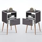 Kenzlife komodin budurgan gri 2 li set 74*39*39 ahşap ayaklı raflı çekmeceli komidin kitaplık