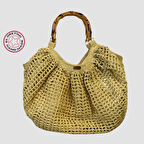 Uretti - Nuran 9092 - El Yapımı Bambu Saplı Kağıt İp Çanta 33cm - Kahverengi