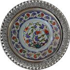 Armada Çini PRT 47 25 Cm Mavi Altın Yaldızlı Lale karanfil Desenli Gümüş Çerçeveli Porselen Çini Tabak