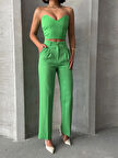 Palazzo Pantolonlu Askısız Straplez Büstiyerli Boru Paça Pantolonlu İkili Takım - Yeşil