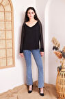 Kadın Tek Omuz Geniş Yaka Kolları Tül Şerit Detaylı Salaş Uzun Kollu Şık Bluz 5590180