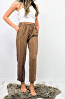 Kadın Bej Krem Cepli Beli Lastikli Dik Çizgili Duble Paça Rahat Yazlık Pantolon 3277200