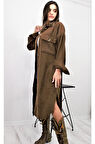 Kadın Kahverengi Kaşe Kemerli Çift Cep Düğmeli Uzun Oversize Oduncu Gömlek Tunik Elbise 3280308