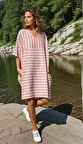 Kadın Keten V Yaka Çizgili Cepli Salaş Günlük Yazlık Giy Çık Oversize Elbise 3340286