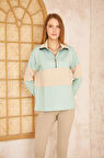 Kadın Mint Bej Uzun Kol Fermuarlı Polo Yaka Color Block Basic Salaş Sweatshirt Bluz 3471210