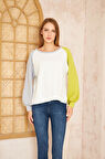Kadın Beyaz Fıstık Yeşil Gri Yuvarlak Yaka Dikiş Detaylı Uzun Kollu Sweatshirt Bluz 3472200