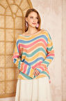Kadın Gökkuşağı Miks Ekstra Salaş Oversize Geniş Kayık Yaka Desenli Akrilik Kazak 3478