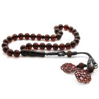 1000 Ayar Kazaz Püsküllü Küre Kesim Koyu Kırmızı Damla Kehribar Tesbih