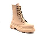 Beyaz KBT164 Kalın Taban Bağcıklı-Fermuarlı Kadın Günlük Bot TEN