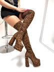 Beyaz (Kindep) Tasarım Yüksek Platform Topuklu Abiye Çizme LEOPAR