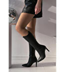 Beyaz (Pine Cone) İnce Topuklu (8 cm) Fermuarlı Kadın Çizme SİYAH