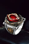 Erkek Gümüş Yüzük - Kırmızı Kehribar Taşlı Yanı Selçuklu Kartalı Motifli Erkek Yüzük