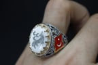 Türk Bayrak İşlemeli Mineli 925 Ayar Erkek Gümüş Yüzük