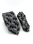  Siyah Beyaz Desenli Mendilli Kravat P0383