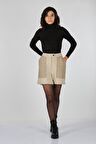 Unıque Mode Rahat Kesim Şortlu Normal Bel Bej Kadın Şort UW223804