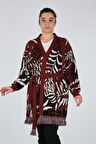 Lal V Yaka Desenli Bordo Kadın Hırka 21241006