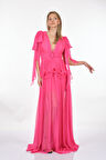 Alfa Beta V Yaka Sırt Detaylı Kolsuz Neon Pembe Kadın Abiye 2316293