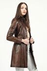 DERİCLUB Atina Kadın Düğmeli Hakiki Deri Trençkot CAMEL ANTİK