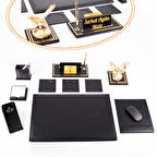 Opta 10 Parça Kartal Biblolu Siyah Deri Sümen Seti Takımı Gold Kalem Ofis Masa İsimliği Lüks İsimlik