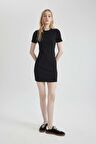 DeFacto Coool Bodycon Vücudu Saran Bisiklet Yaka Fitilli Kaşkorse Kısa Kollu Mini Elbise C1503AX24SPBK81