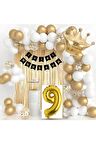 Kral Taçlı 9 Yaş Doğum Günü Gold Beyaz Balon Seti