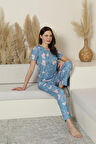 Kadın Desenli Bisiklet Yaka Düğmesiz Bambu Yazlık Kısa Kol Pijama Takımı-Dar Kesim